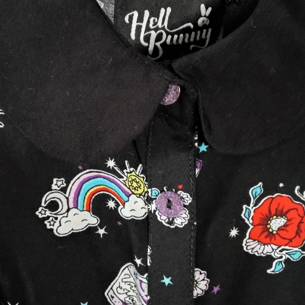 Hell Bunny Unicorn Rockabilly Shirt Black Rainbow & Star Pattern Size M NWT - Picture 4 of 13